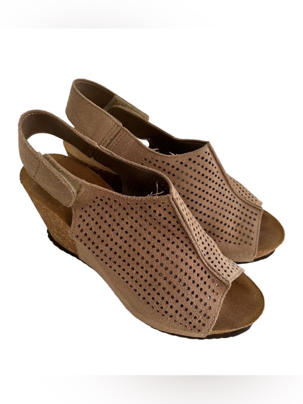 A. Giannetti Tan Perforated Peep Toe Wedge Sandals 6.5